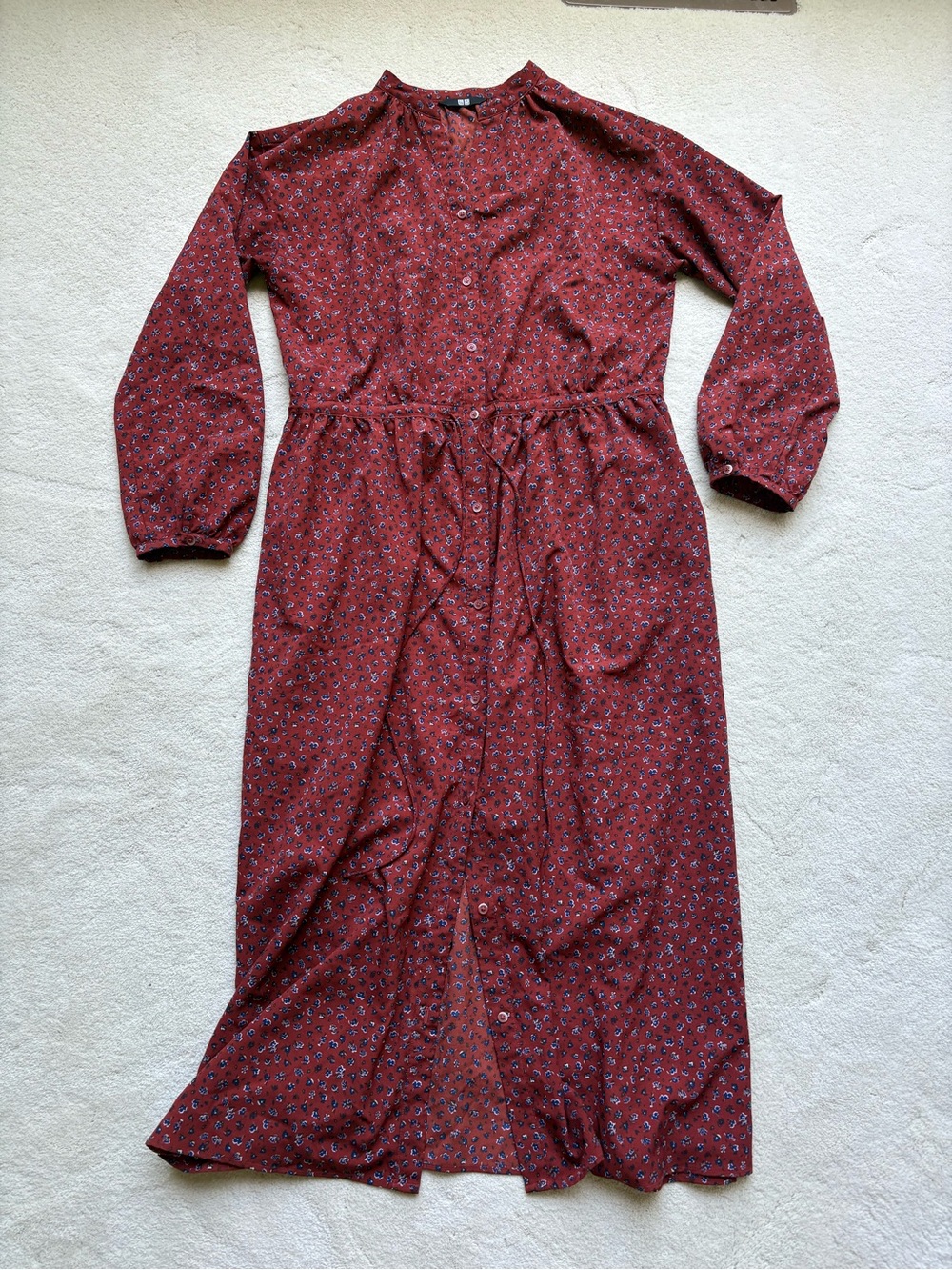 Uniqlo Burgundy Floral Button-Front Midi Dress